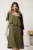 Rochie midi kaki din voal dreapta cu volan si broderie pe bust