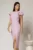 Rochie midi lila conica cu funda ampla pe umar