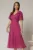 Rochie midi magenta din voal cu fir lurex si floare la umar