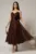 Rochie midi maro de ocazie din dantela cu brose detasabile in talie