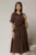 Rochie midi maro din tencel cu guler tip camasa si maneci scurte
