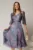 Rochie midi mov cu imprimeuri si fundite pe bust