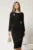 Rochie midi neagra conica din lurex cu decupaj si floare la bust
