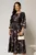 Rochie midi neagra cu imprimeuri mov si detalii la bust