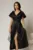Rochie midi neagra de ocazie din tafta cu maneci evazate si decolteu adanc