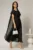 Rochie midi neagra de ocazie din voal cu sclipici si detaiu amplu foral la bust