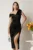 Rochie midi neagra din satin conica cu un umar gol