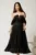 Rochie midi neagra in clos din voal satinat cu aplicatii cazute pe umeri