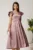Rochie midi roz din tafta in clos cu perlute si volane la maneci