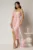 Rochie midi roz din voal peliculizat cu croi conic si volanase