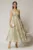 Rochie midi verde fistic de ocazie cu decupaje florale si perle