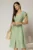 Rochie midi verde fistic din viscoza cu decolteu V si snur la maneci