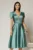 Rochie midi verde mint din tafta cu aplicatii la decolteu si pliuri la maneci