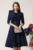 Rochie office din stofa bleumarin cu volan maxi pe bust